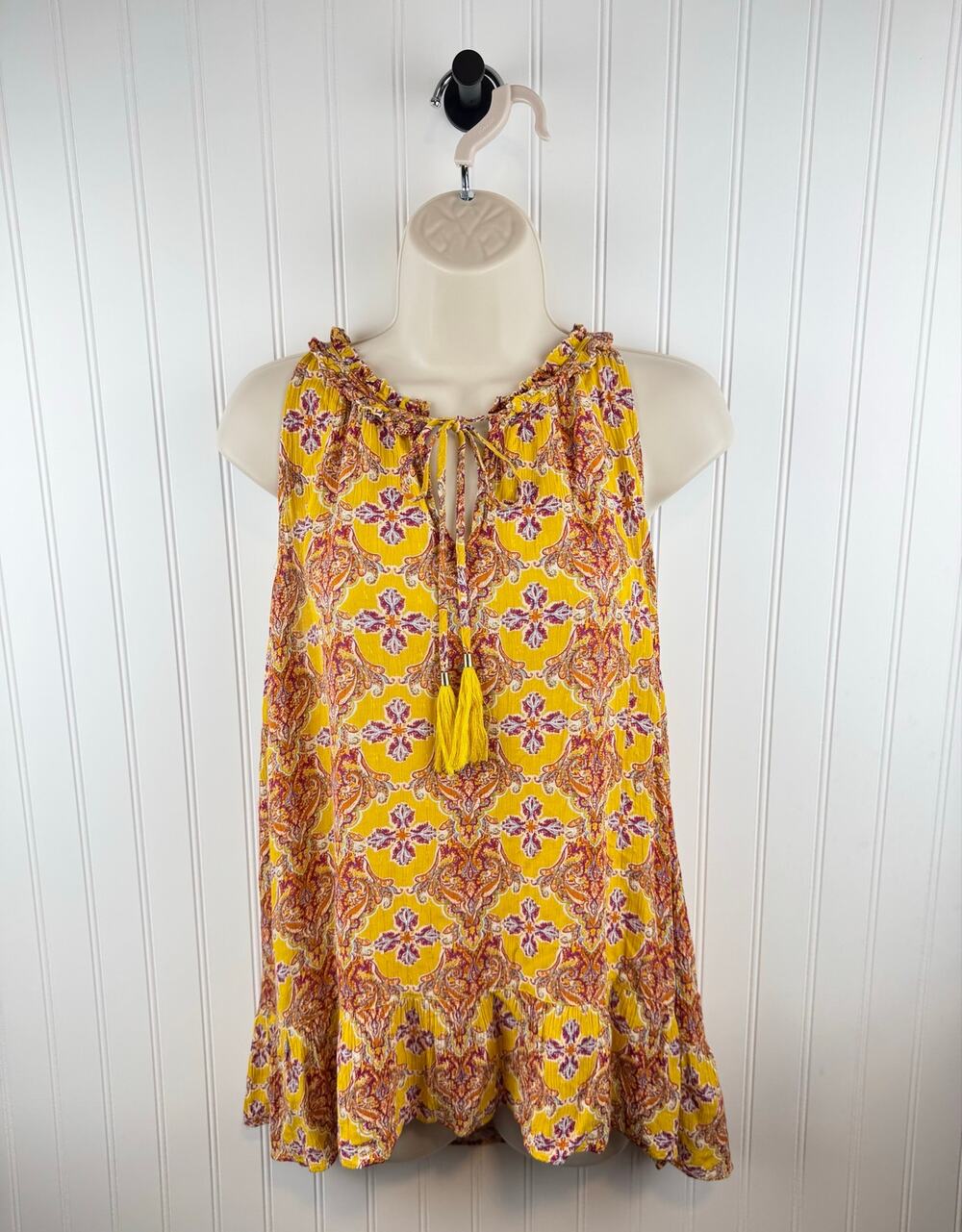 Rose + Olive Paisley Tassel Sleeveless Tunic Top Yellow Multicolor Medium